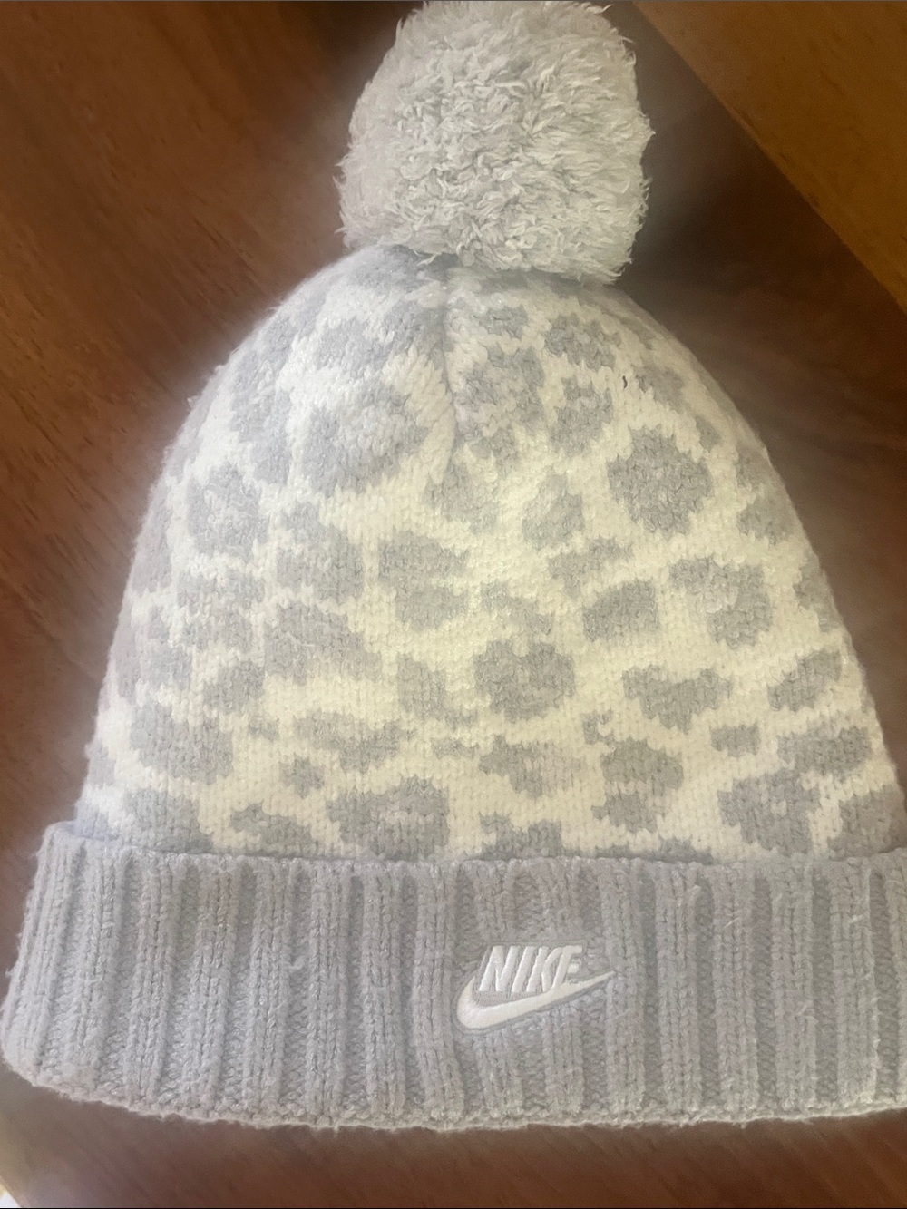 Nike White & Light Gray Leopard Pom Beanie